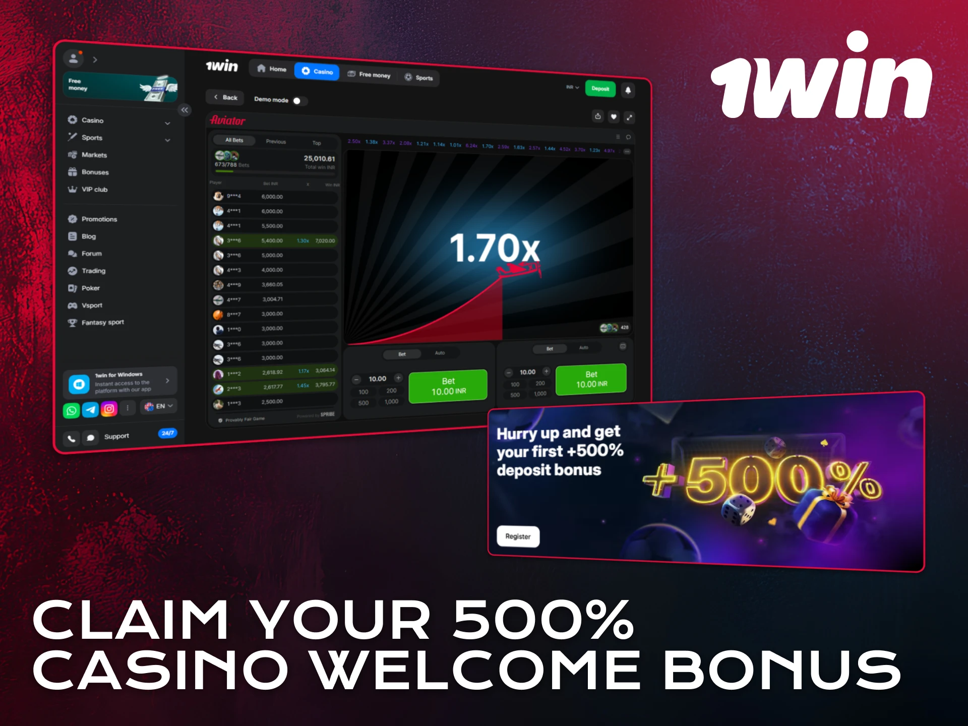 Claim a 500% casino bonus to boost Aviator play on 1win.