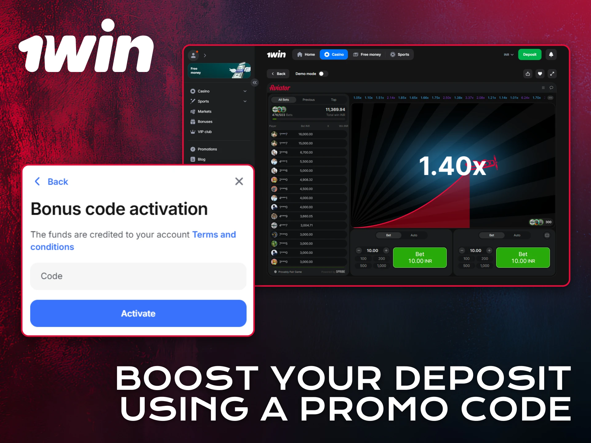 Use a promo code to increase your Aviator deposit on 1win.