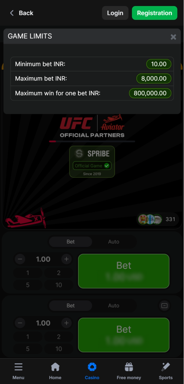 Check the official Aviator game limits on 1win India for minimum and maximum stakes.