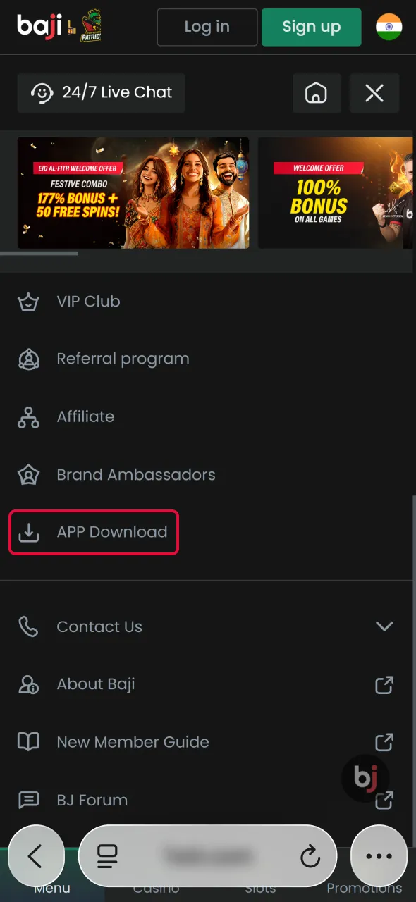 Locate the iOS installation link for Aviator on Baji Live.