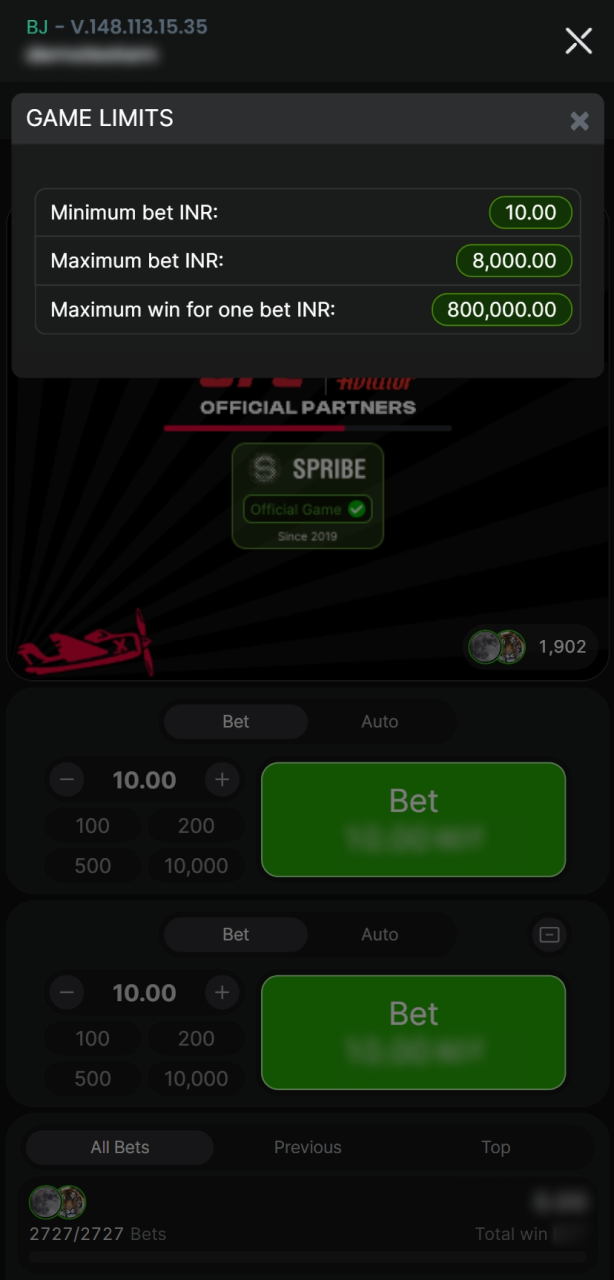 Review the minimum and maximum stakes in the Aviator game limits on Baji Live app.