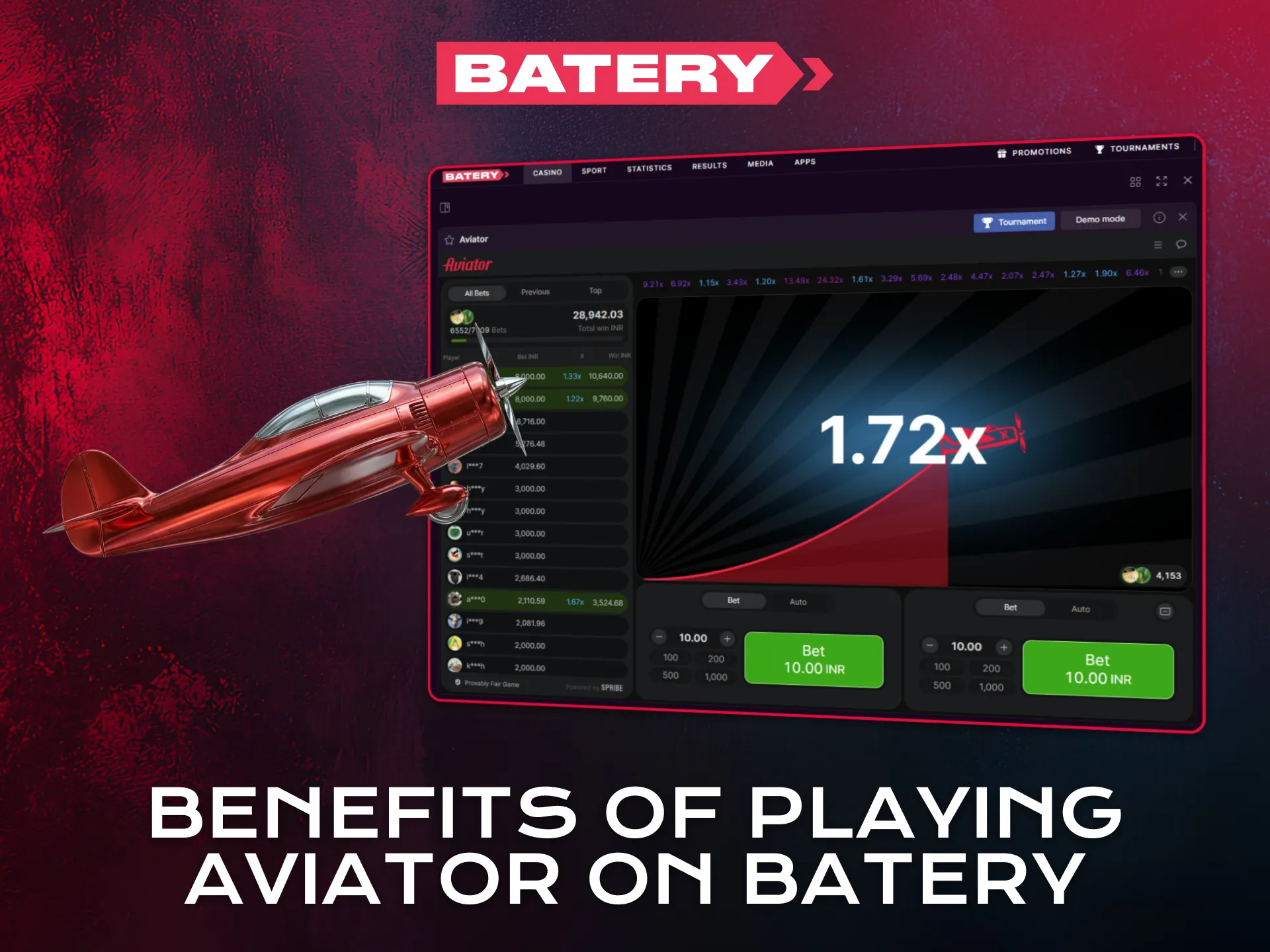 Enjoy key benefits while playing Aviator on the Batery platform.