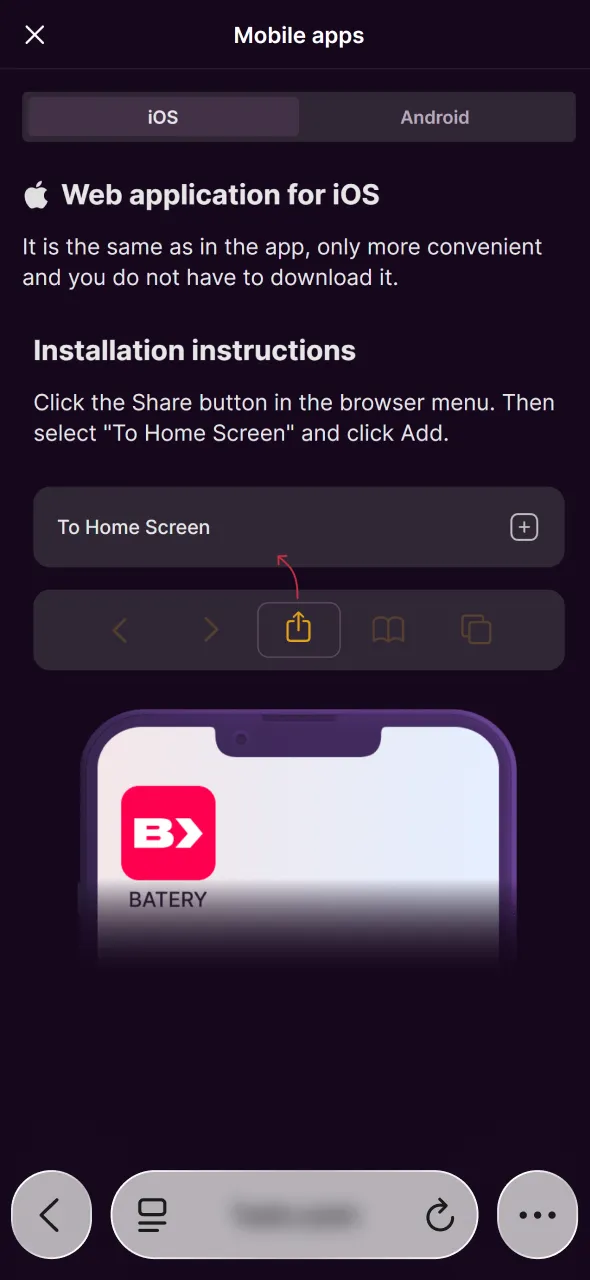 Tap the iOS icon to proceed with Batery Aviator setup.