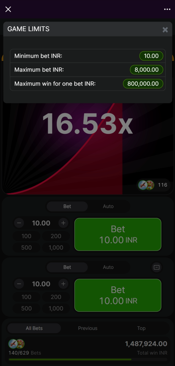 Review the minimum and maximum stakes in the Aviator game limits on Batery app.