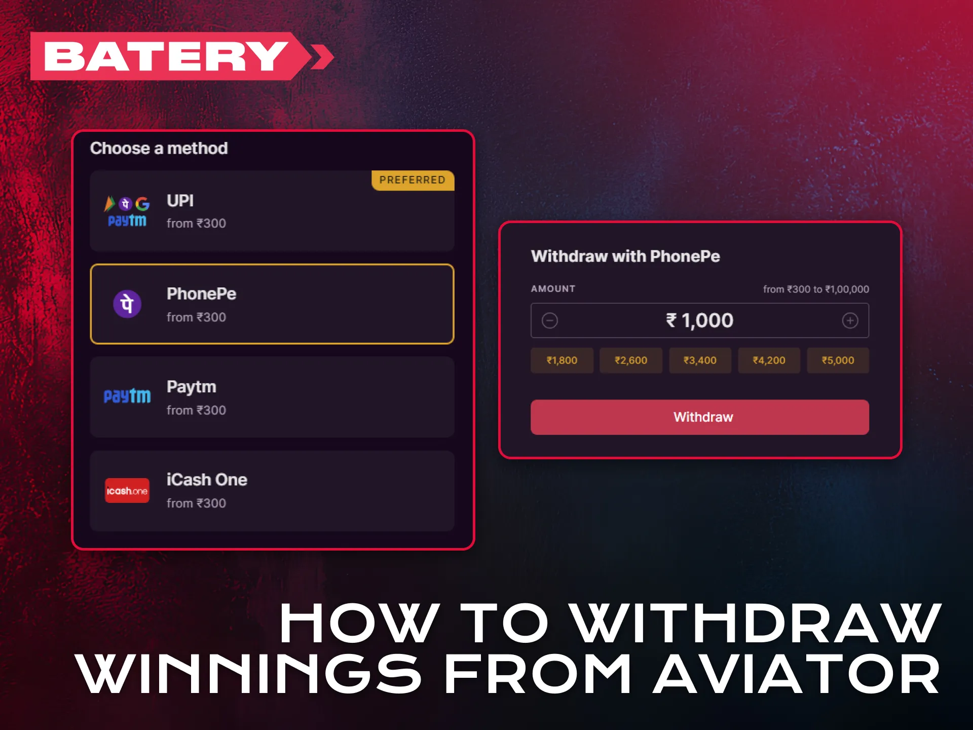 Withdraw winnings from Aviator quickly using Batery methods.