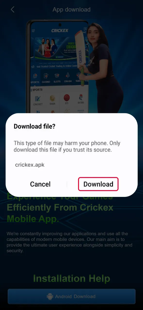 Launch the downloaded file to install Aviator App on Crickex.
