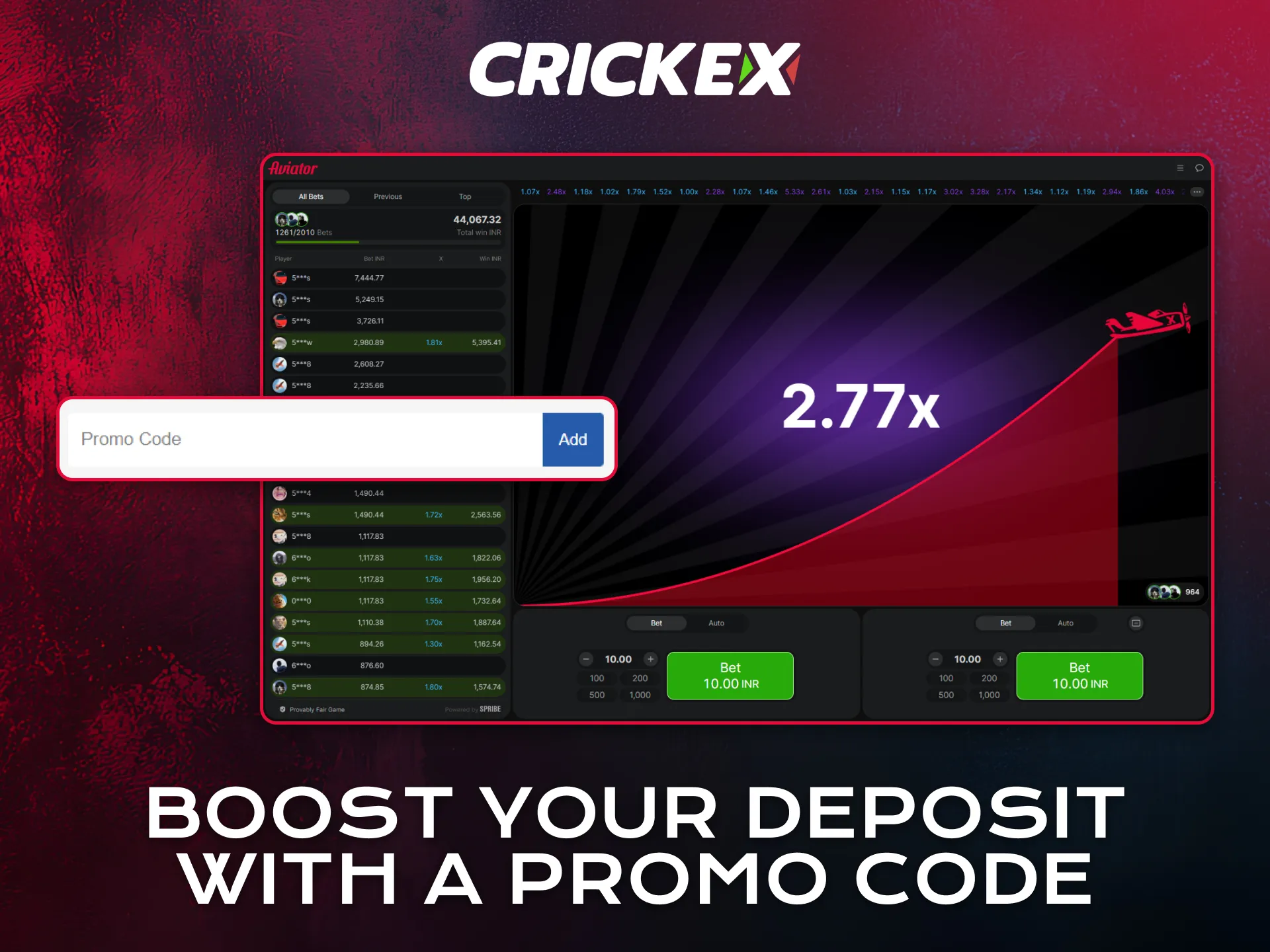 Boost your deposit using a promo code to play Aviator on Crickex.