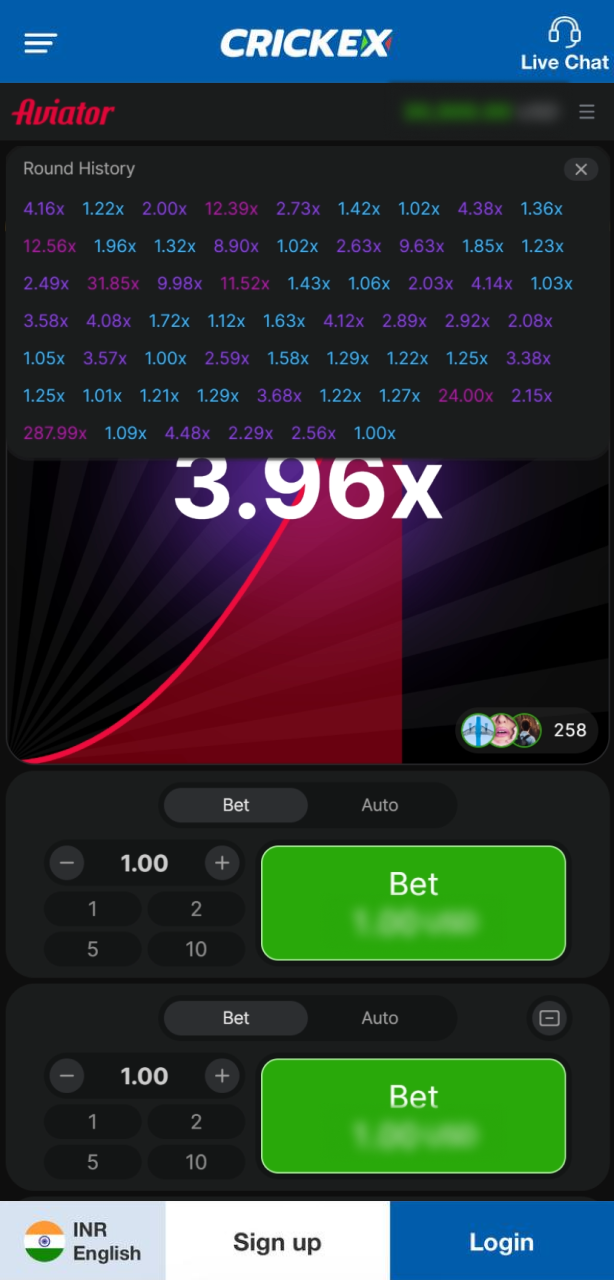 Track previous flight outcomes in the Aviator round history at Crickex India app.