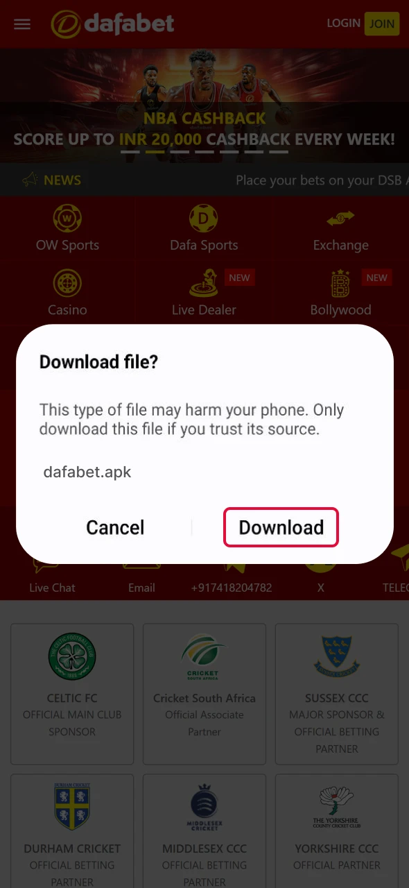 Download the APK file to access Aviator on Dafabet Android.