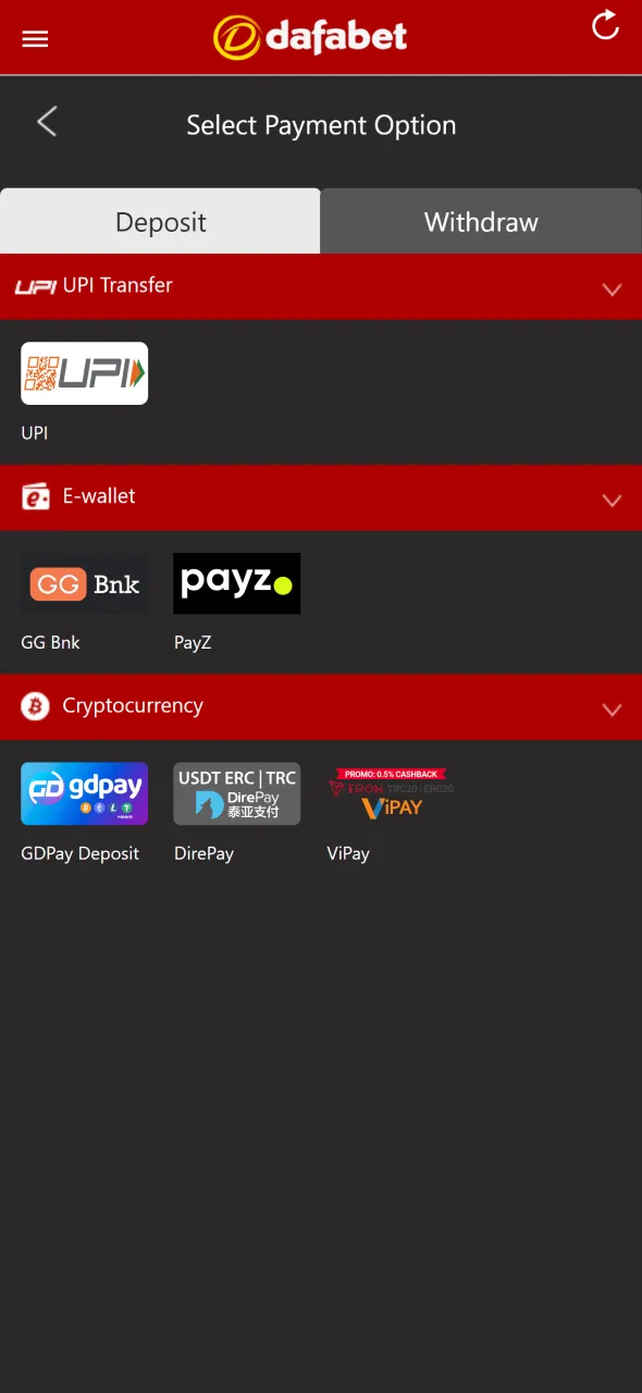 Make a deposit to start Aviator gameplay in the Dafabet application.