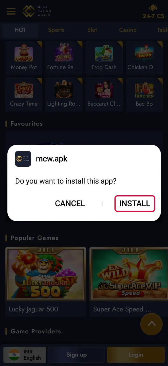 Install and launch Aviator app to play at Mega Casino World.
