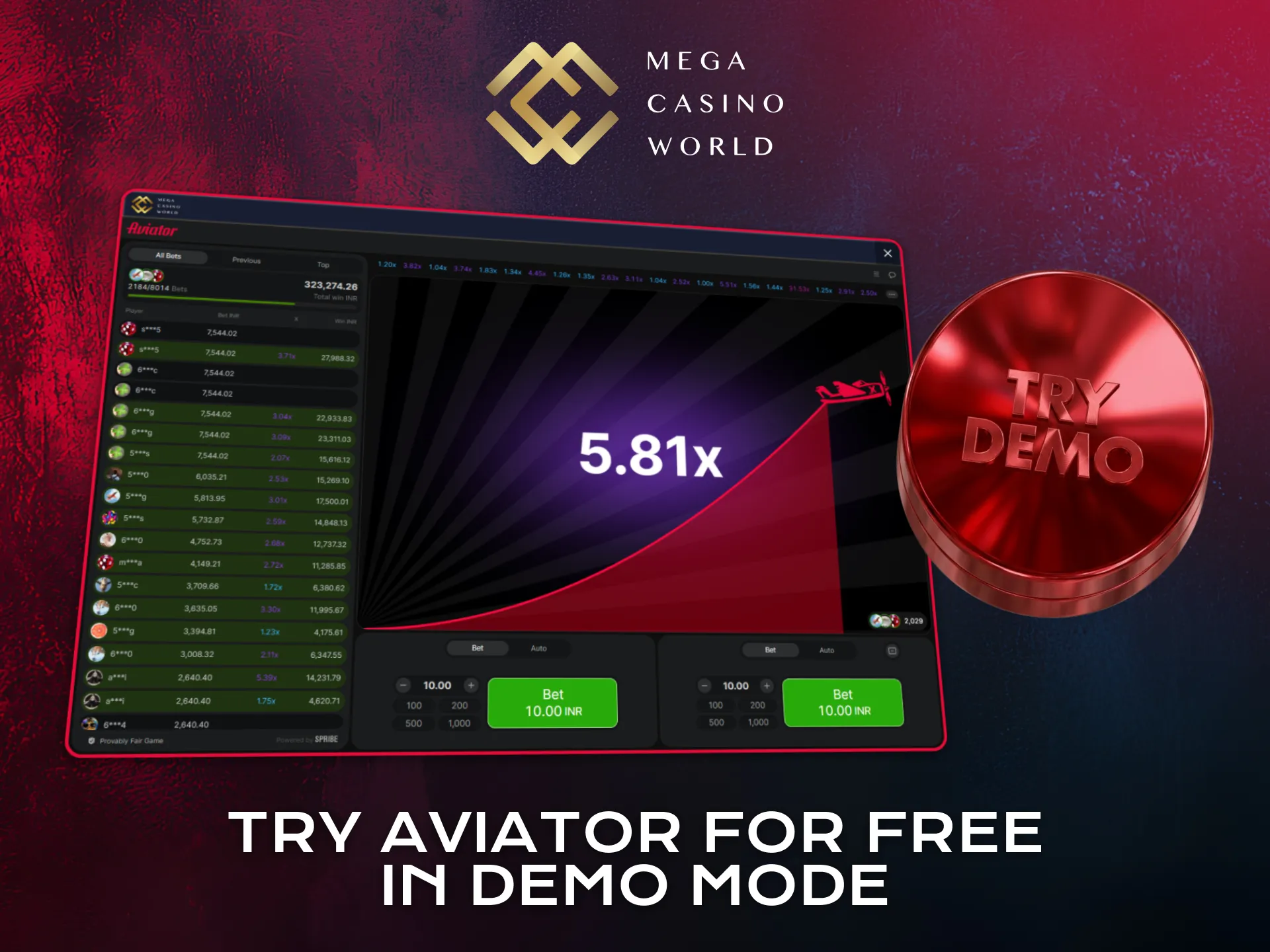 Try Aviator demo mode for free at Mega Casino World without risk.