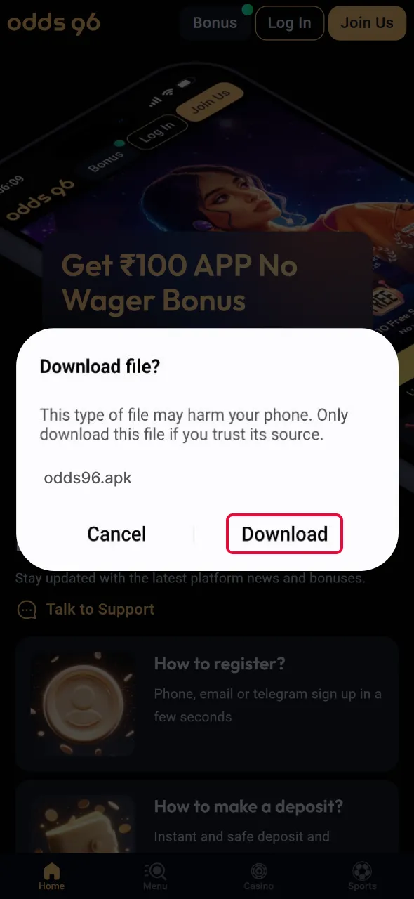 Download the APK file to set up Aviator through Odds96.