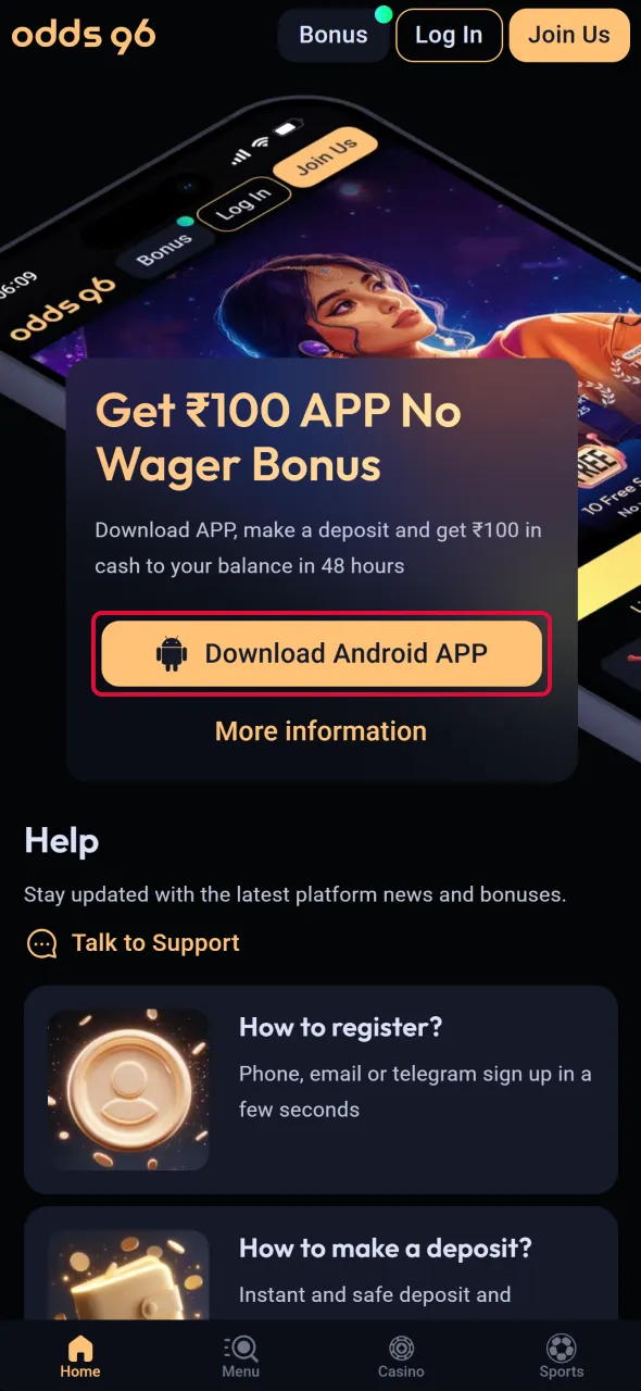 Locate the download button to install Aviator through Odds96 application.