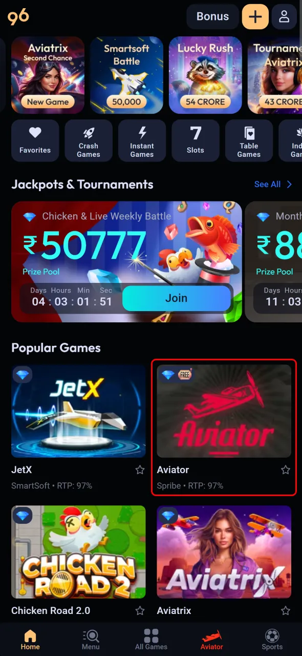 Launch Aviator and enjoy gameplay through the Odds96 app.