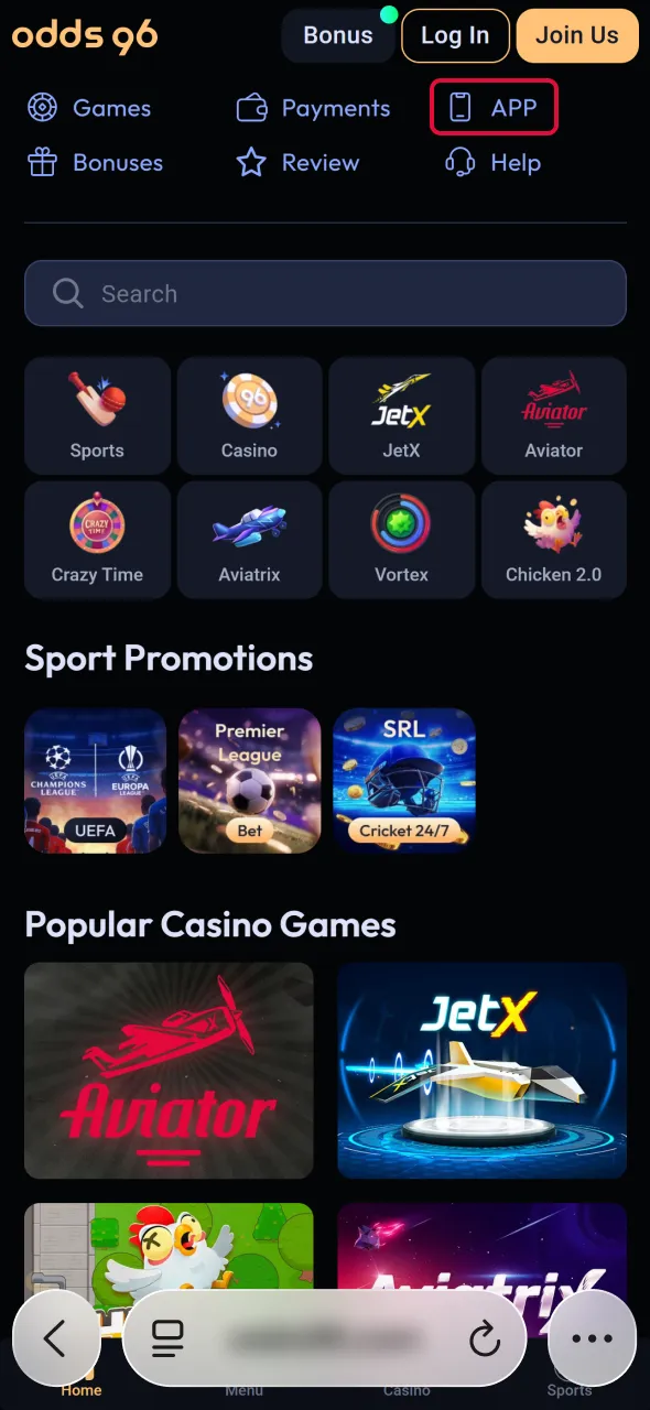 Find the iOS button to install Aviator via the Odds96 app.