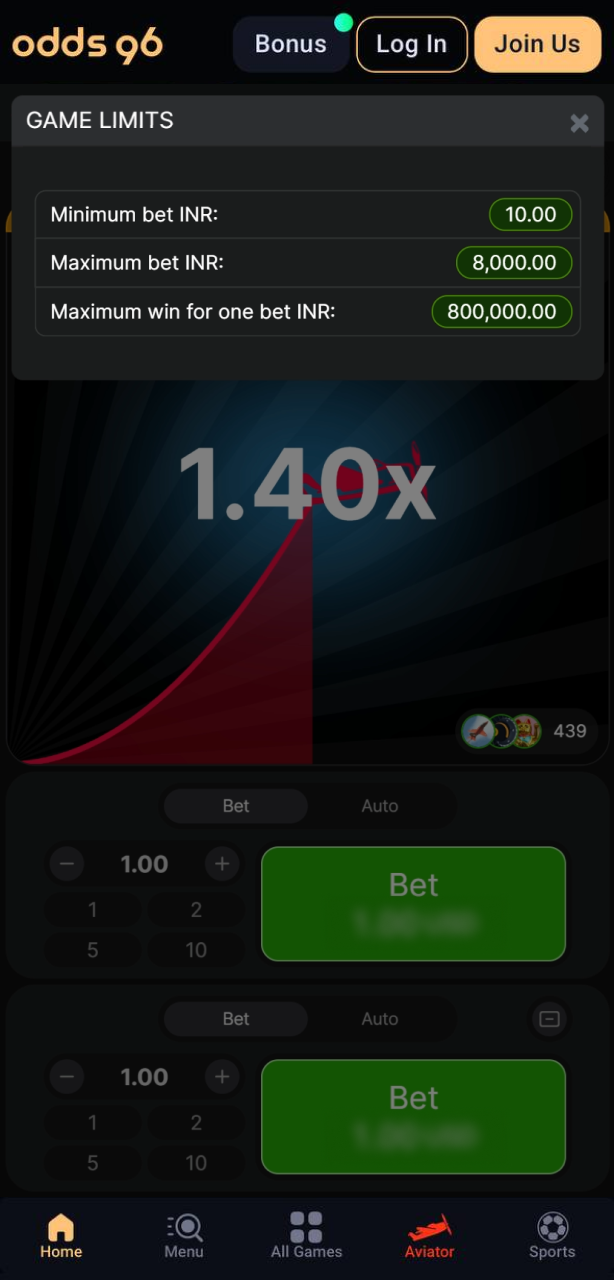 Review the minimum and maximum stakes in the Aviator game limits on the Odds96 app.