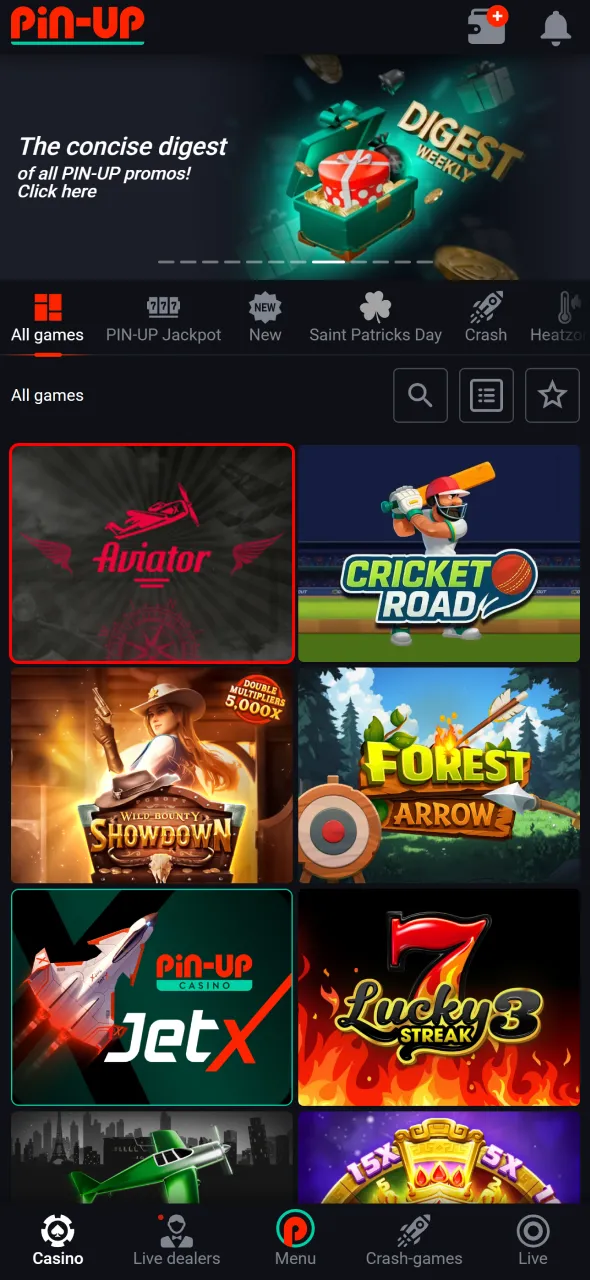 Launch the game and enjoy Aviator via Pin-Up application.