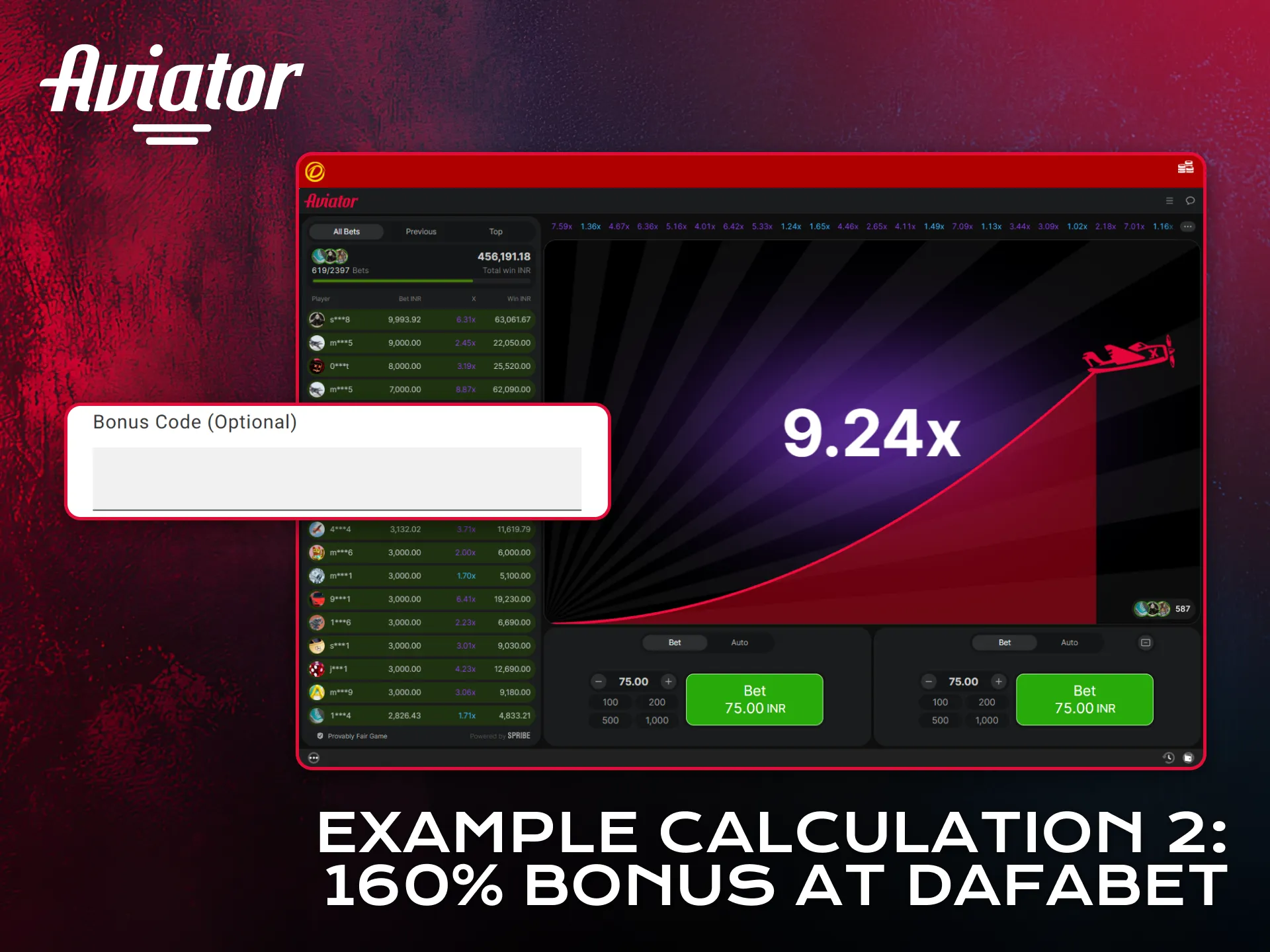 Check Aviator bonus calculation example with Dafabet offer.